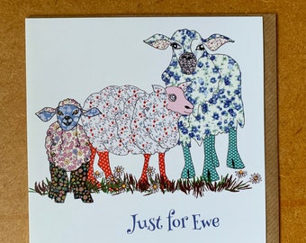 Sheep greetings card, birthday card, funny card with slogan "Just for Ewe'. Illustrated card drawn by MollyMac,  5 3/4" square