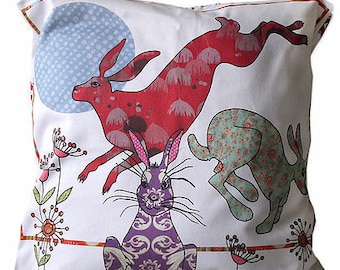 HARE THROW PILLOW. Decorative Rabbit Cushion Cover Accent pillow in red and white