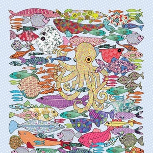 May include: A colorful illustration of an octopus surrounded by a variety of fish. The octopus is yellow with brown spots and has six tentacles. The fish are all different colors and patterns, including red, blue, green, and purple. The background is a light blue with white polka dots.