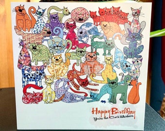Cat birthday card with slogan "Happy Birthday - You're the Cat's Whiskers"