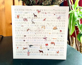 Animal Collective Nouns greetings card, birthday card, sending love card. Illustrated card drawn by MollyMac,  5 3/4" square