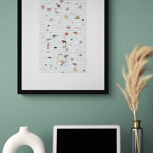 Collective nouns of animals with small paintings of each animal, this is a design where the text is a crucial part of the design.