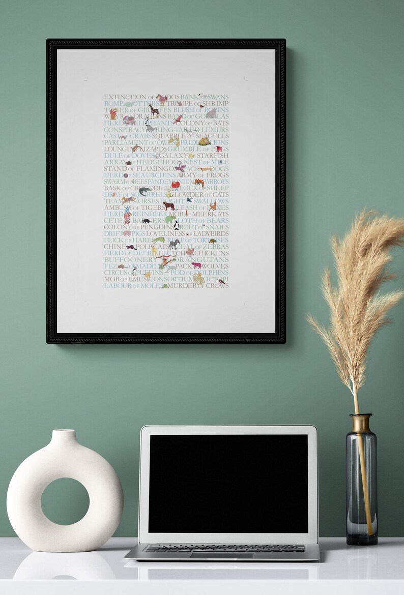 Collective nouns of animals with small paintings of each animal, this is a design where the text is a crucial part of the design.