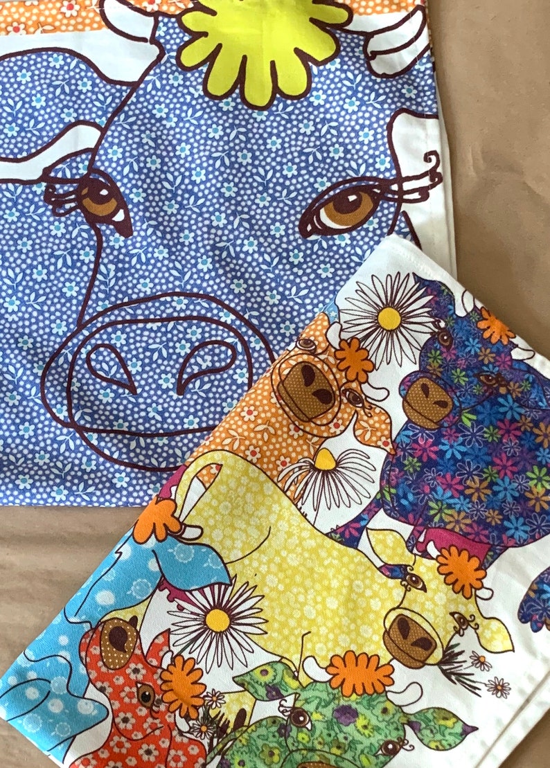 Kitchen towels set of 2 cow designs to gift or keep Cotton tea towels as farmhouse decor gift set.