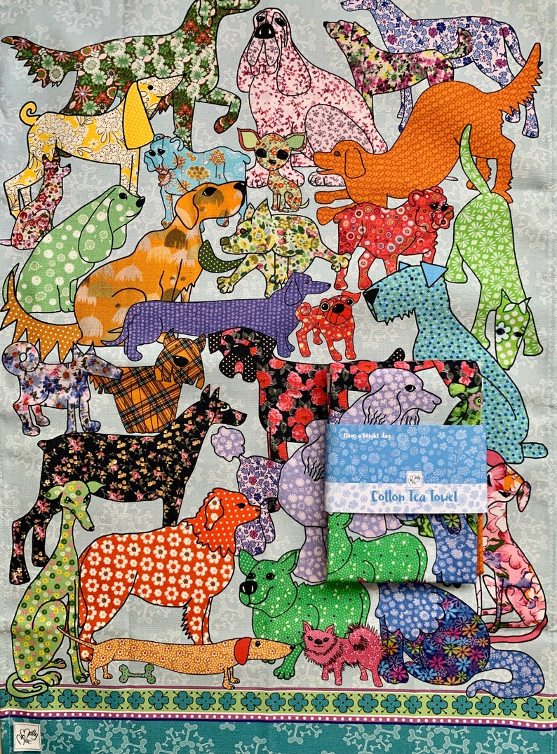 Dog kitchen towel, colorful hand illustrated tea towel, gift for dog lovers by MollyMac image 1