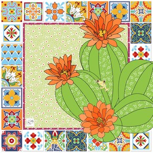 Puede incluir: Un dise&ntilde;o cuadrado con un cactus verde con flores naranjas y una peque&ntilde;a rana amarilla. El cactus se encuentra sobre un fondo verde claro con un estampado floral blanco. El dise&ntilde;o est&aacute; enmarcado por coloridas baldosas cuadradas.