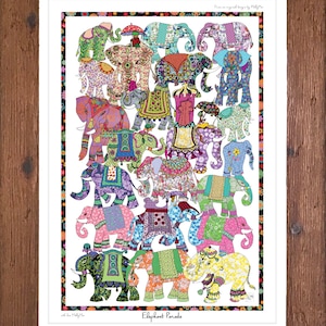 Impresión de arte de elefante, arte de pared ilustrativo dibujado a mano, dibujo de animales, arte maximalista, decoración colorida para el hogar Impresión de elefante, ilustración artística
