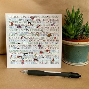 Biglietto d'auguri con nomi collettivi di animali - Illustrazioni divertenti di gruppi di animali - Perfetto per gli amanti della natura e come regalo educativo