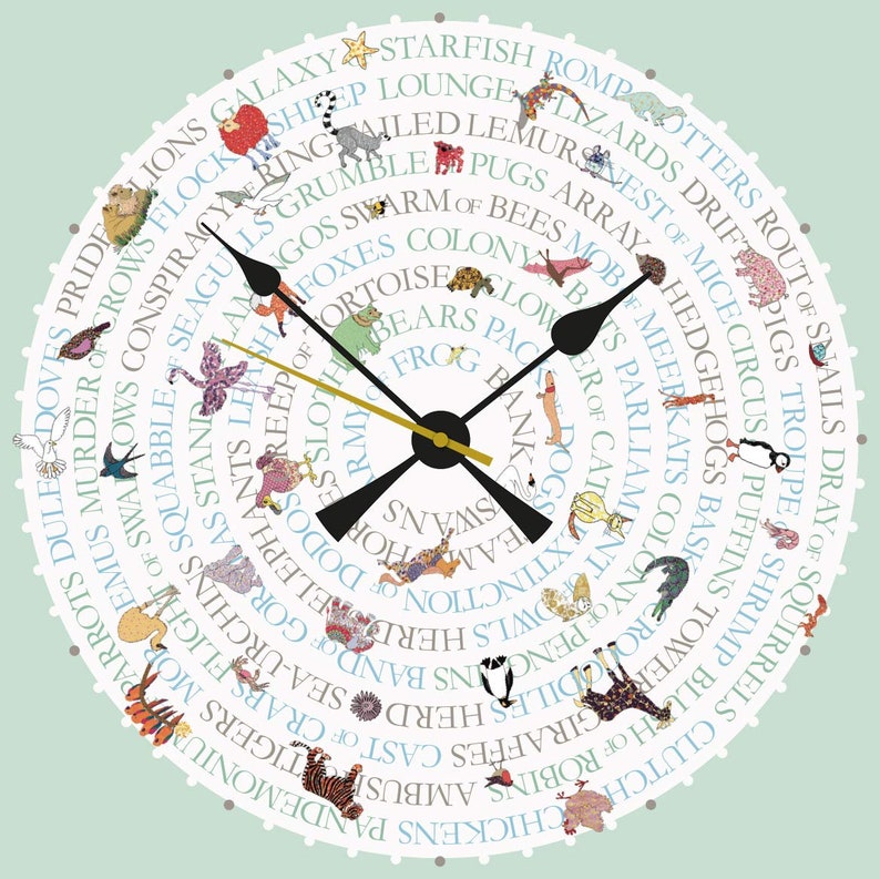Animal Collective Nouns CLOCK 12 Drawn and Designed by Etsy