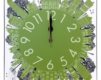 Wall CLOCK 12" Green - Street scene - Drawn and Designed by MollyMac and Made in UK