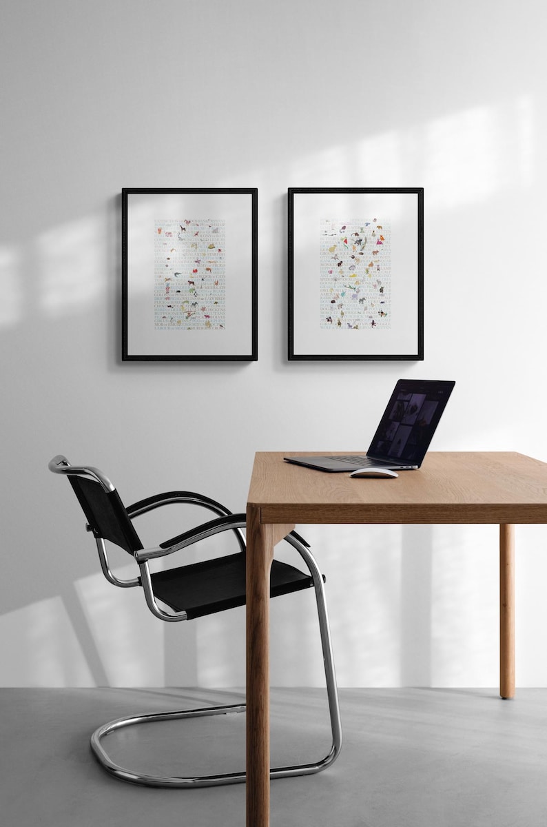 Two prints in the same style - one animal babies and the other collective nouns of animals with small paintings of each animal, this is a design where the text is a crucial part of the design.