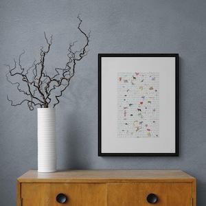 Collective nouns of animals with small paintings of each animal, this is a design where the text is a crucial part of the design.