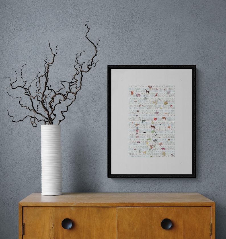 Collective nouns of animals with small paintings of each animal, this is a design where the text is a crucial part of the design.