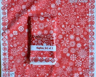 Christmas napkins, cotton serviettes, with snowflakes red and white, set of 2.