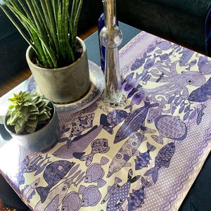 Coastal table runner multi fish in blue hues for your fish suppers and beach houses . image 1