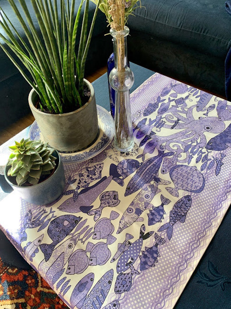Coastal table runner multi fish in blue hues for your fish suppers and beach houses . image 1