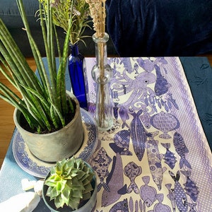 Coastal table runner multi fish in blue hues for your fish suppers and beach houses . image 2