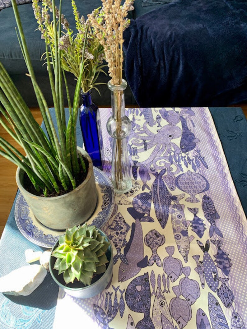 Coastal table runner multi fish in blue hues for your fish suppers and beach houses . image 2
