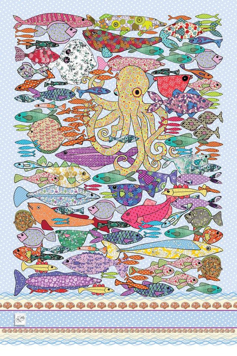 May include: A colorful illustration of an octopus surrounded by a variety of fish. The octopus is yellow with brown spots and has six tentacles. The fish are all different colors and patterns, including red, blue, green, and purple. The background is a light blue with white polka dots.