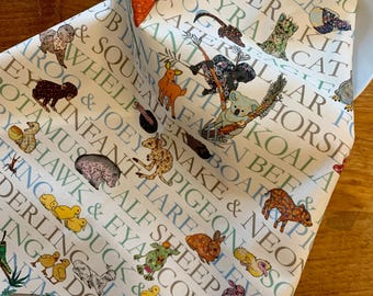 Hand Illustrated Animal Babies Tea Towel: 100% Cotton Kitchen Decor