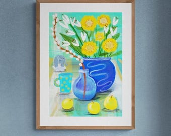 Floral Still Life Art Print: Colorful Kitchen & Dining Room Wall Decor