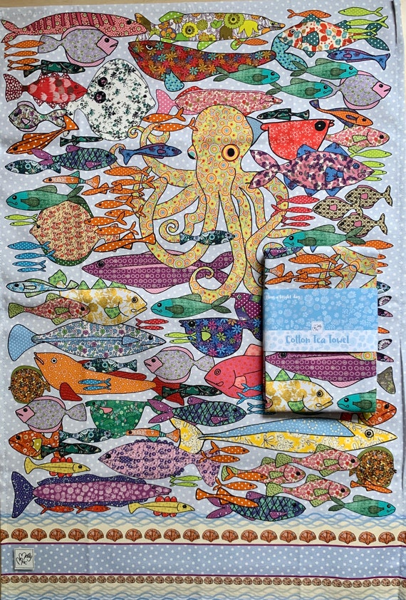 Hand-Drawn Fish Tea Towel: Coastal Kitchen towels that are 100% Cotton