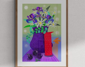 Floral Still Life Art Print: Quirky Hand-Drawn Colorful Decor