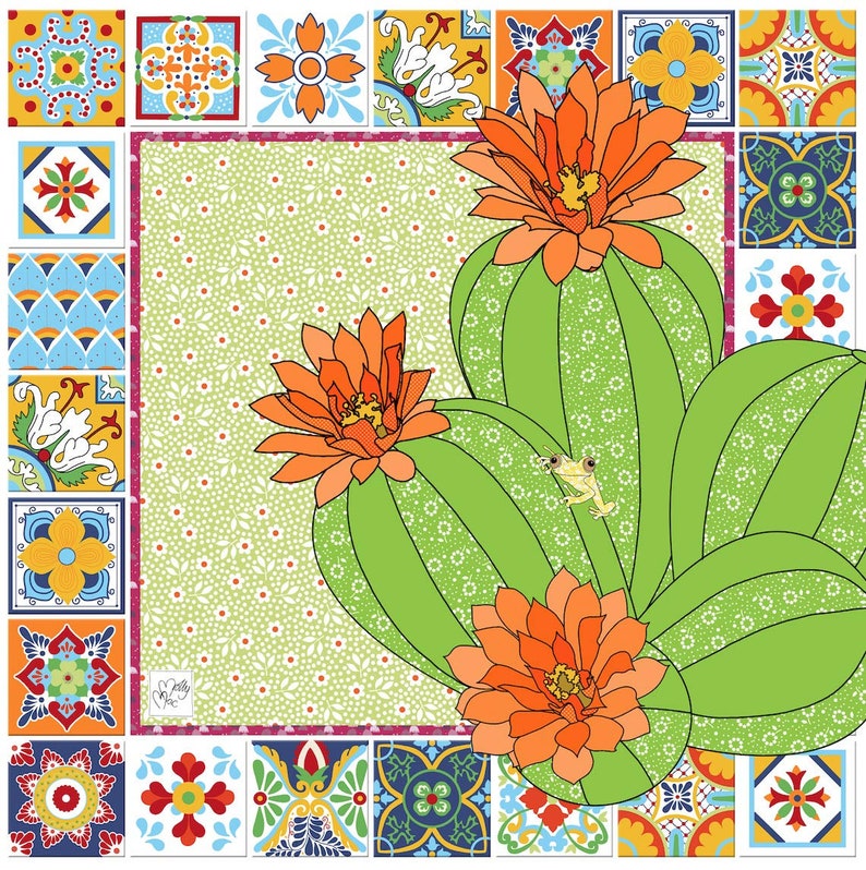 Puede incluir: Un dise&ntilde;o cuadrado con un cactus verde con flores naranjas y una peque&ntilde;a rana amarilla. El cactus se encuentra sobre un fondo verde claro con un estampado floral blanco. El borde est&aacute; decorado con azulejos coloridos y estampados.