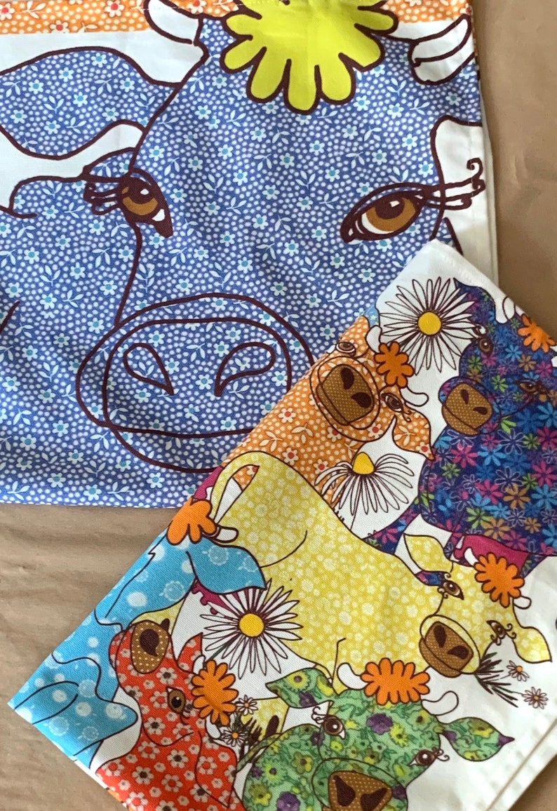 Kitchen towels set of 2 cow designs to gift or keep Cotton tea towels as farmhouse decor gift set.