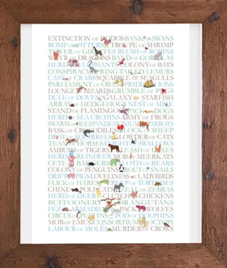 Collective nouns of animals with small paintings of each animal, this is a design where the text is a crucial part of the design.
