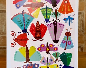 Carte de voeux papillon de nuit grande carte d'art A5, carte d'anniversaire vierge, carte pour toute occasion, carte de remerciement, carte d'ami bohème, carte de champignons