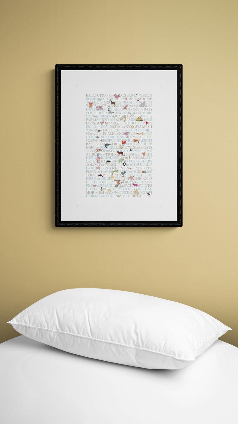 A poster of text and animals. The Collective Nouns of animals with small drawings of animals described.