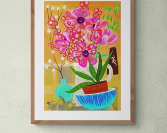 Floral Still Life Art Print: Colorful Kitchen & Dining Room Wall Decor
