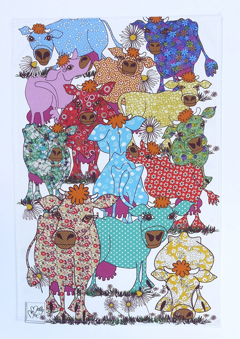 Kitchen towels set of 2 cow designs to gift or keep Cotton tea towels as farmhouse decor gift set.