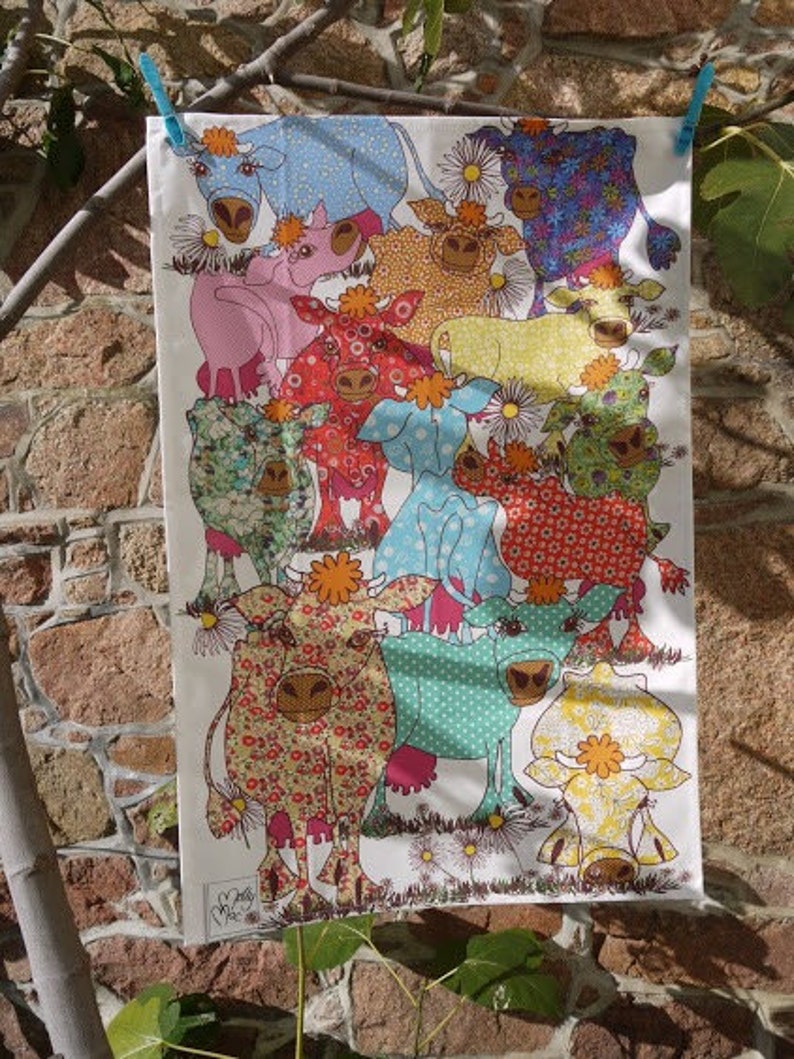Kitchen towels set of 2 cow designs to gift or keep Cotton tea towels as farmhouse decor gift set.
