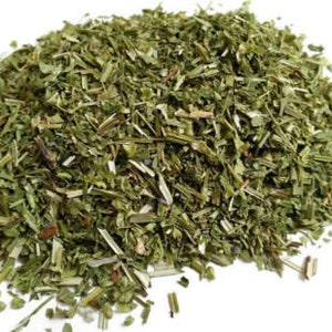 May include: A pile of dried, green, chopped herbs.