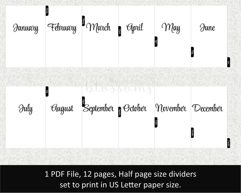 Monthly Divider Pages With Tabs. Printable. Half Page Size Etsy