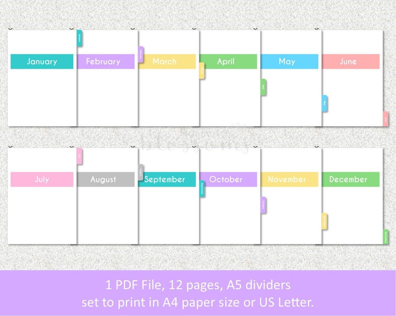 Printable Monthly Divider Pages With Tabs. A5 Size Instant Etsy