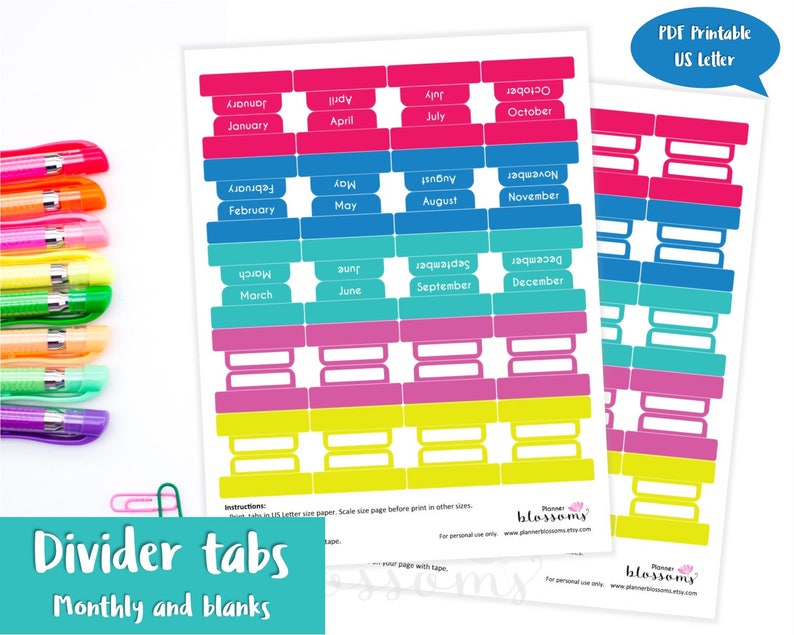 Divider Tabs monthly and Blanks Printable. Monthly Divider Etsy