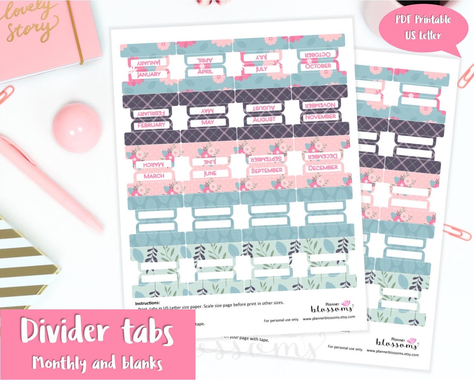 Monthly Divider Tabs Pink Floral. Divider Tabs Printable. Etsy
