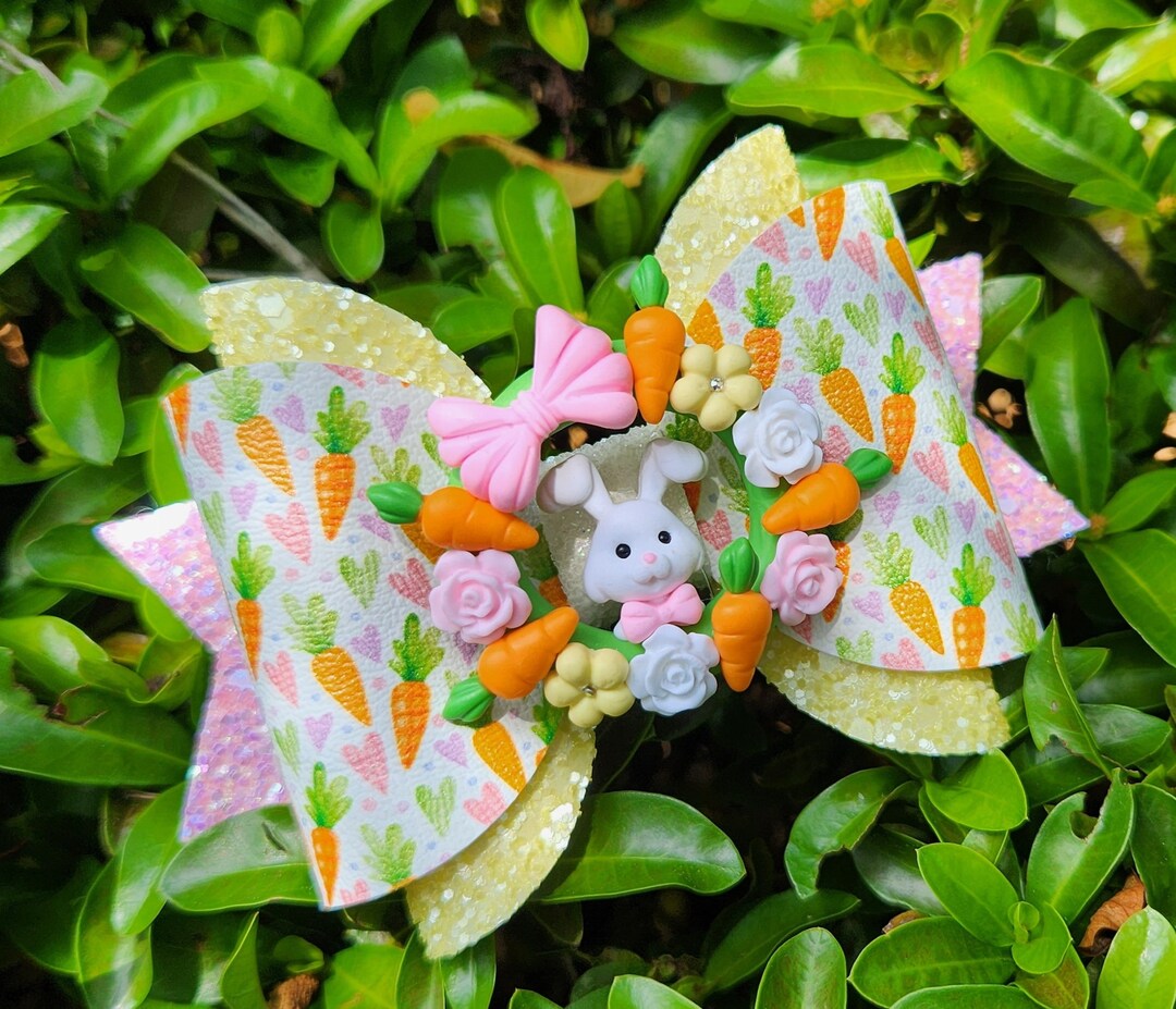 Easter Clay Hair Bow Bunny With Carrots Etsy Australia