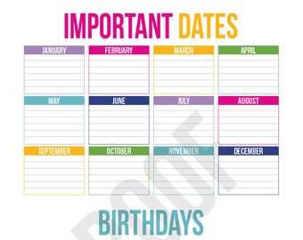Important Dates and Birthdays - Planner Pages - Pick Your Pages - Combine to Customize Your Dream Planner - Printable PDF Instant Download -