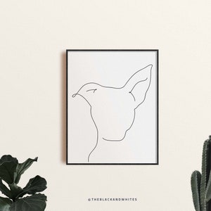 Puede incluir: Un dibujo en blanco y negro de la cabeza de un perro, con una oreja levantada, en un estilo minimalista simple.