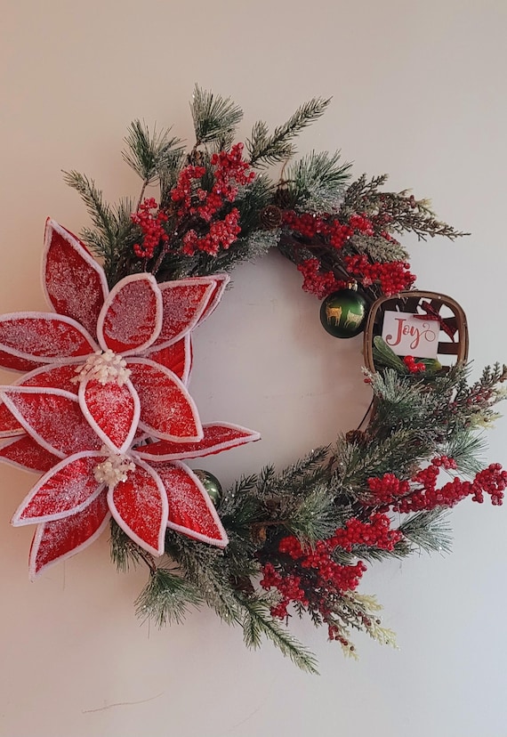 特大☆クリスマス☆ポインセチア・ダリアと赤いバラのフラワーリース
