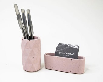 Concrete Desk Essentials Set, Business Card Holder, Pencil Cup, Pen Holder