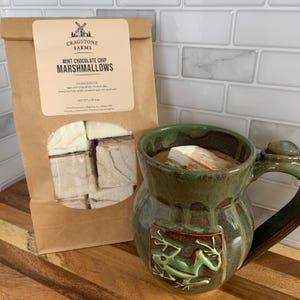 May include: A brown paper bag with a white label that reads "Cragstone Farms" and "Mint Chocolate Chip Marshmallows". The bag contains white marshmallows with chocolate chips. A green ceramic mug with a frog design is filled with hot chocolate and a marshmallow.
