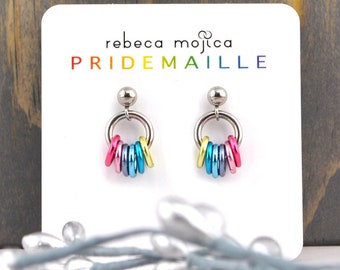 Genderflux Pride Flag Tiny Post Earring, Subtle Stainless Steel Stud With Chainmaille - Minimalist LGBTQ+ Jewelry