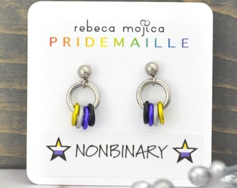 Nonbinary Pride Flag - Tiny Chainmaille Stud Earring