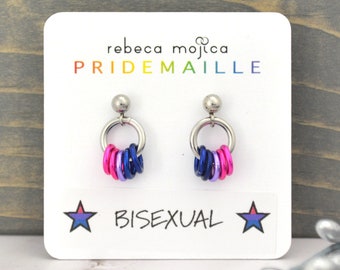 Bisexual Pride Flag Tiny Chainmaille Earring, Subtle Bi Pride Stainless Steel Stud With Colorful Aluminum, Discreet LGBTQ Jewelry