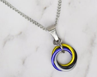 Nonbinary Pride Pendant Small Swirl, Subtle Knotted Hoop Necklace in Nonbinary Flag Colors